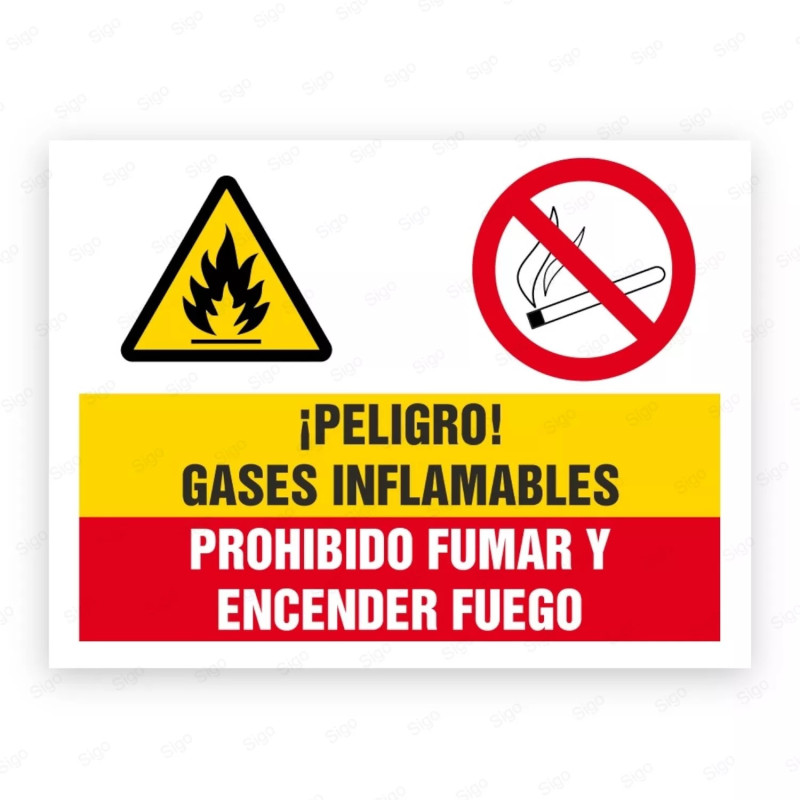 Señales Combinadas - ¡Peligro! Gases Infamables Prohibido Fumar Y Encender Fuego |Cod. CB-10