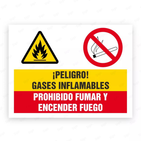Señales Combinadas - ¡Peligro! Gases Infamables Prohibido Fumar Y Encender Fuego |Cod. CB-10